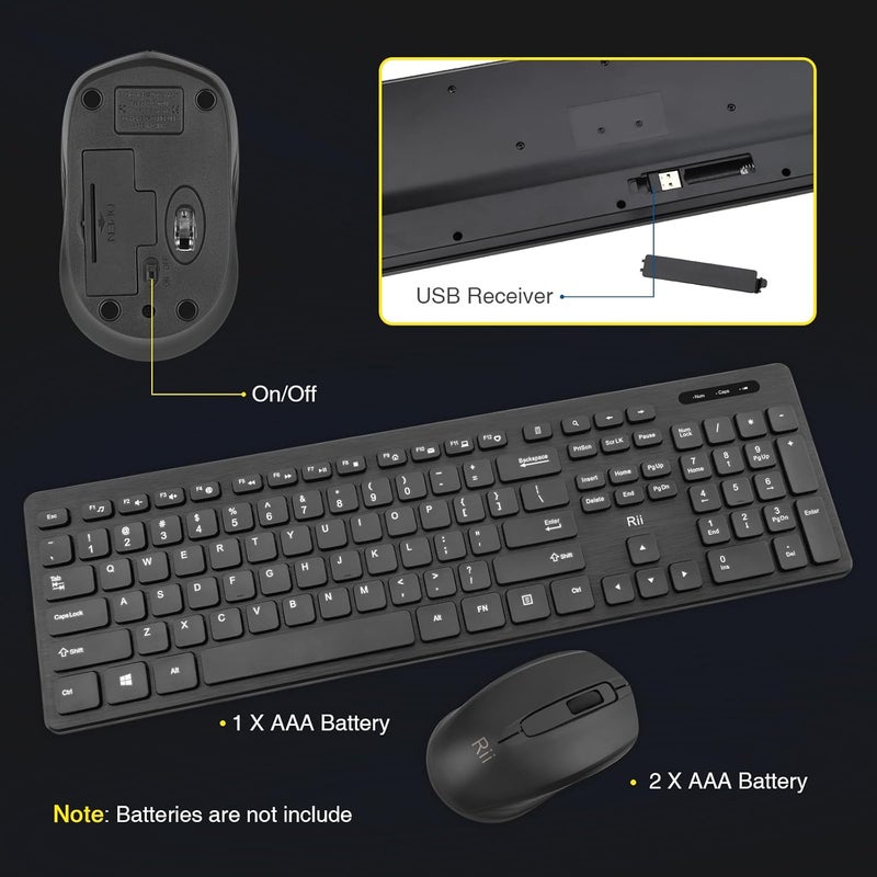 RII Wireless Keyboard and Mouse Combo - Standard Office PC Keyboard and Optical Wireless Mice (Black) - Image 3
